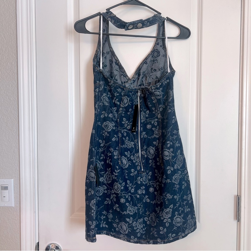 Lulus Summertime Inspiration Dark Wash Floral Denim Halter Mini Dress Blue - Picture 6 of 8
